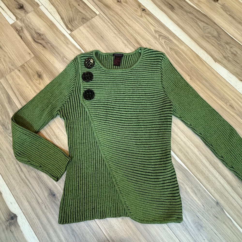Alison Sheri Green Black Stripe Asymmetrical Knit‎ Sweater Top XL